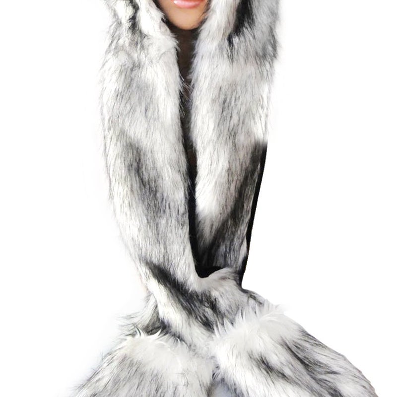 Fakeface Winter Animal Hat Faux Fur Hooded Scarf Cute Furry Ears Paw Gloves Pocket Hoodie Beanie Cap Party Costume for Women Girls (White) - Image 3